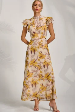 Jolie Moi Occasion Dresses|Maxi Dresses-High Neck Ruffle Sleeve Chiffon Maxi Dress, Yellow Floral