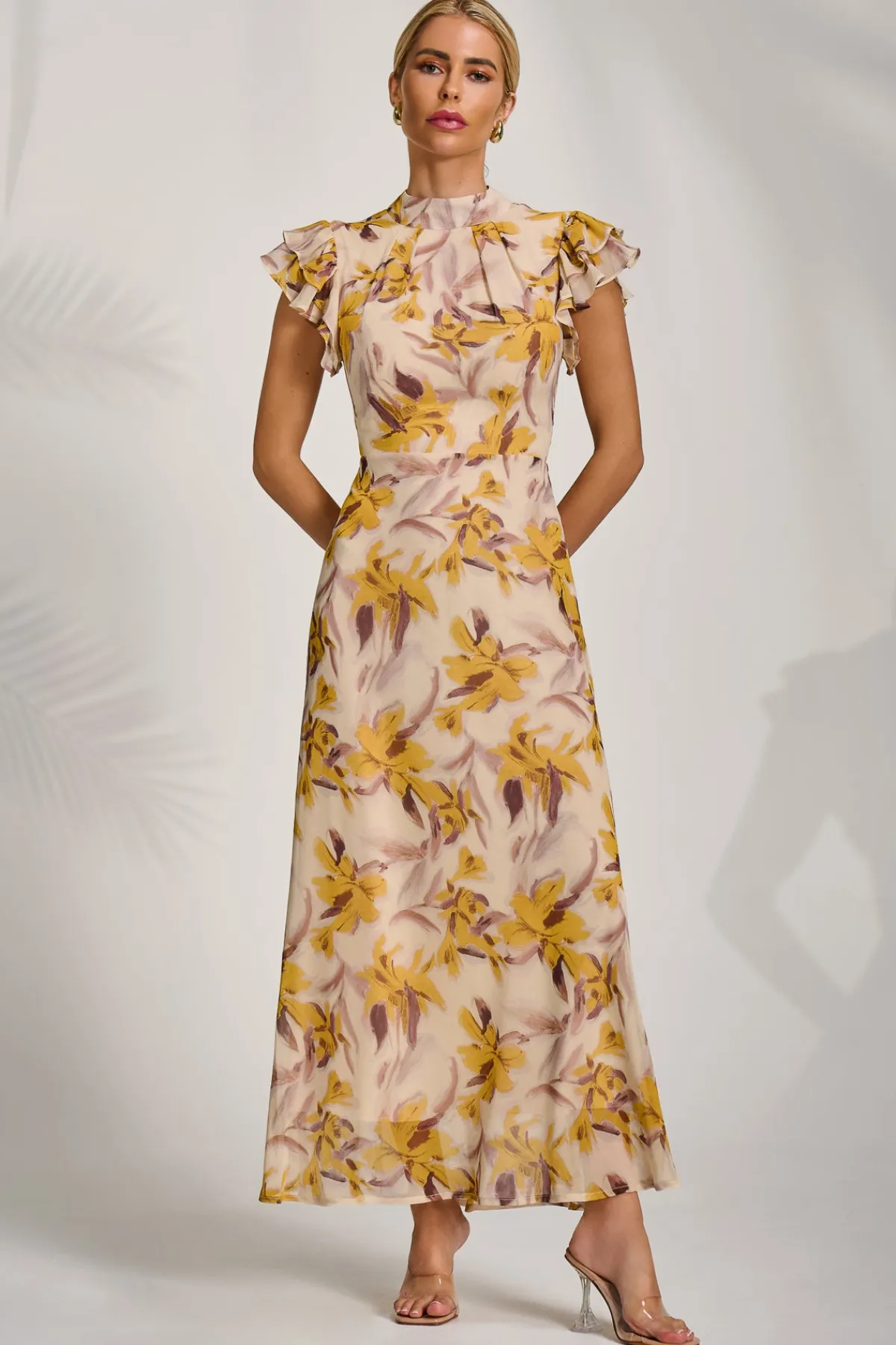 Jolie Moi Occasion Dresses|Maxi Dresses-High Neck Ruffle Sleeve Chiffon Maxi Dress, Yellow Floral