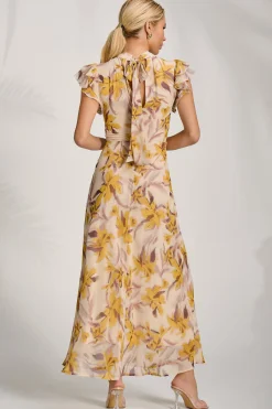 Jolie Moi Occasion Dresses|Maxi Dresses-High Neck Ruffle Sleeve Chiffon Maxi Dress, Yellow Floral