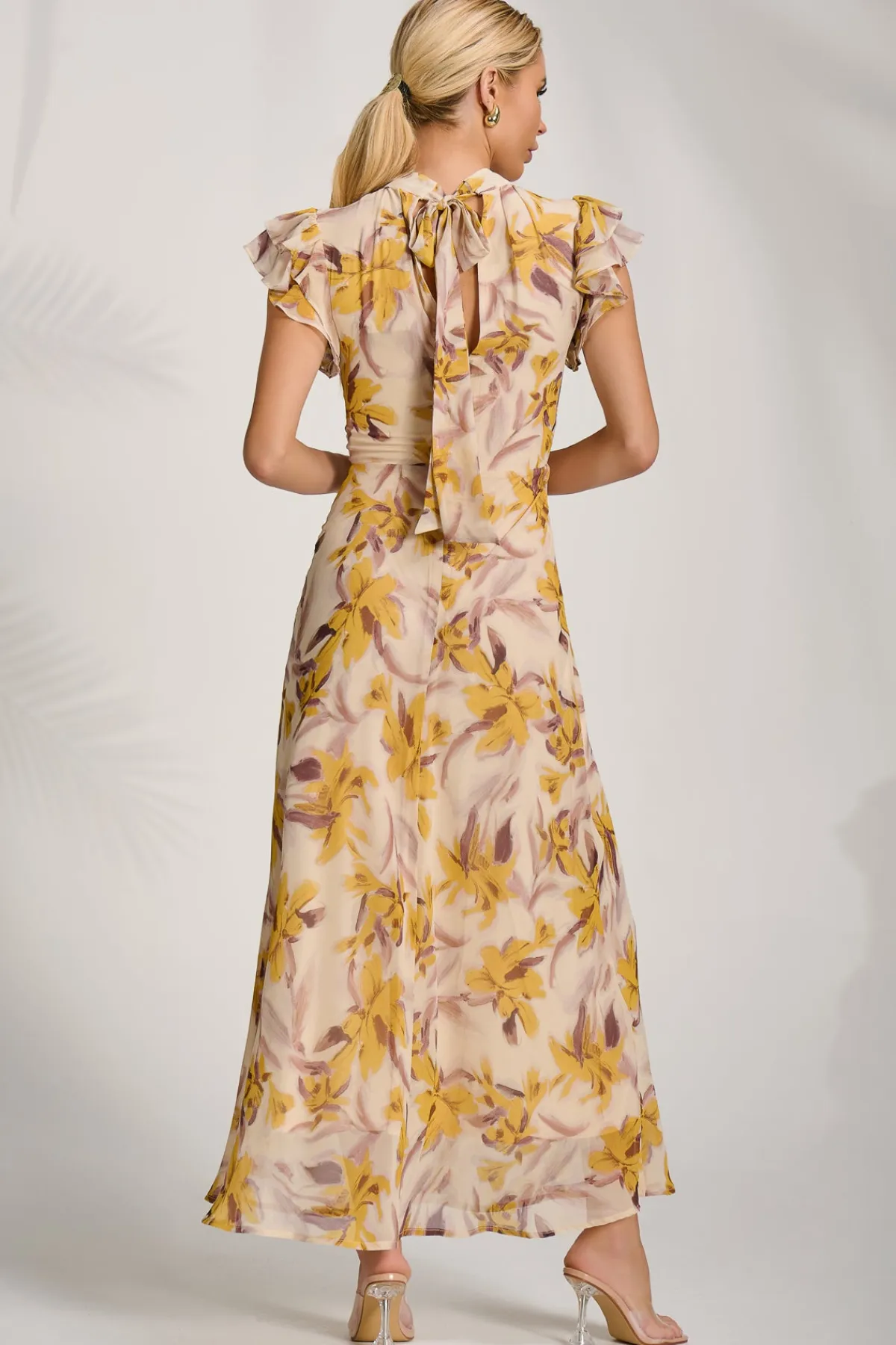 Jolie Moi Occasion Dresses|Maxi Dresses-High Neck Ruffle Sleeve Chiffon Maxi Dress, Yellow Floral