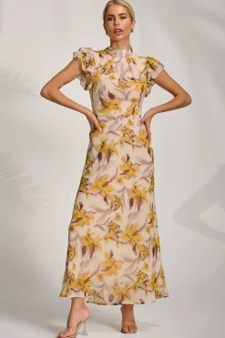 Jolie Moi Occasion Dresses|Maxi Dresses-High Neck Ruffle Sleeve Chiffon Maxi Dress, Yellow Floral
