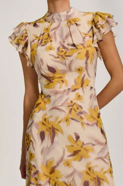 Jolie Moi Occasion Dresses|Maxi Dresses-High Neck Ruffle Sleeve Chiffon Maxi Dress, Yellow Floral