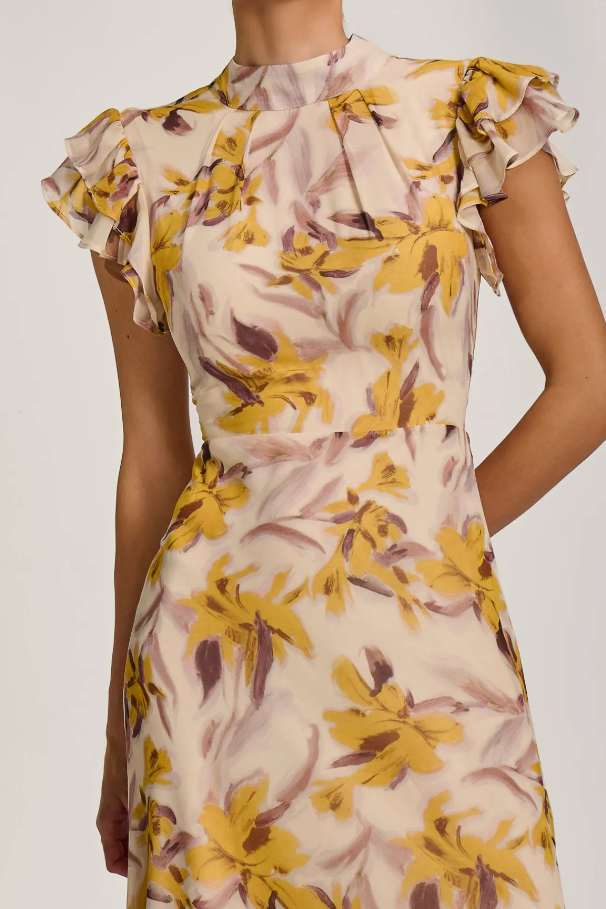 Jolie Moi Occasion Dresses|Maxi Dresses-High Neck Ruffle Sleeve Chiffon Maxi Dress, Yellow Floral