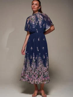 Jolie Moi Occasion Dresses|Floral Dresses-High Neck Short Sleeve Pleated Chiffon Dress, Navy Floral