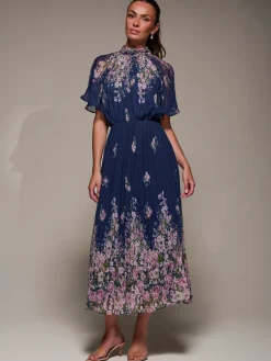 Jolie Moi Occasion Dresses|Floral Dresses-High Neck Short Sleeve Pleated Chiffon Dress, Navy Floral