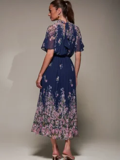 Jolie Moi Occasion Dresses|Floral Dresses-High Neck Short Sleeve Pleated Chiffon Dress, Navy Floral