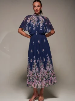 Jolie Moi Occasion Dresses|Floral Dresses-High Neck Short Sleeve Pleated Chiffon Dress, Navy Floral