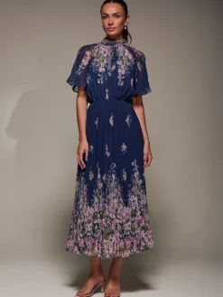 Jolie Moi Occasion Dresses|Floral Dresses-High Neck Short Sleeve Pleated Chiffon Dress, Navy Floral