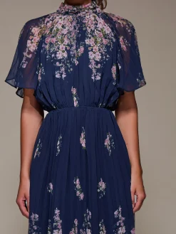 Jolie Moi Occasion Dresses|Floral Dresses-High Neck Short Sleeve Pleated Chiffon Dress, Navy Floral