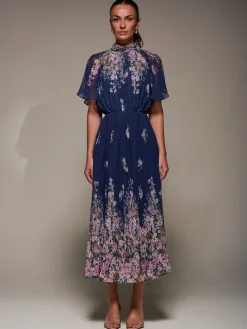 Jolie Moi Occasion Dresses|Floral Dresses-High Neck Short Sleeve Pleated Chiffon Dress, Navy Floral