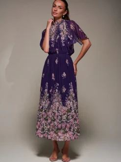 Jolie Moi Occasion Dresses|Floral Dresses-High Neck Short Sleeve Pleated Chiffon Dress, Purple Floral
