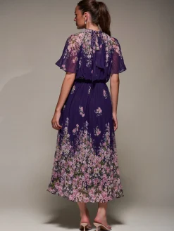 Jolie Moi Occasion Dresses|Floral Dresses-High Neck Short Sleeve Pleated Chiffon Dress, Purple Floral