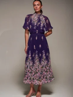 Jolie Moi Occasion Dresses|Floral Dresses-High Neck Short Sleeve Pleated Chiffon Dress, Purple Floral