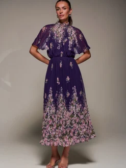 Jolie Moi Occasion Dresses|Floral Dresses-High Neck Short Sleeve Pleated Chiffon Dress, Purple Floral