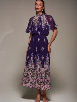 Jolie Moi Occasion Dresses|Floral Dresses-High Neck Short Sleeve Pleated Chiffon Dress, Purple Floral