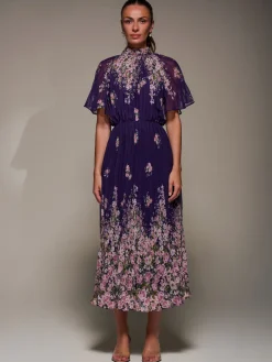 Jolie Moi Occasion Dresses|Floral Dresses-High Neck Short Sleeve Pleated Chiffon Dress, Purple Floral