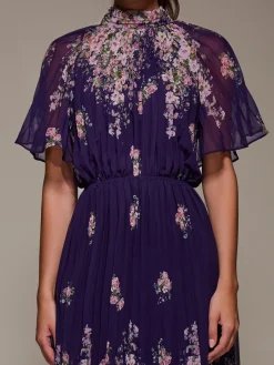 Jolie Moi Occasion Dresses|Floral Dresses-High Neck Short Sleeve Pleated Chiffon Dress, Purple Floral