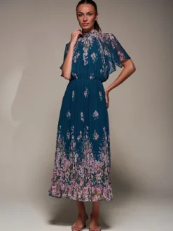 Jolie Moi Occasion Dresses|Floral Dresses-High Neck Short Sleeve Pleated Chiffon Dress, Teal Floral