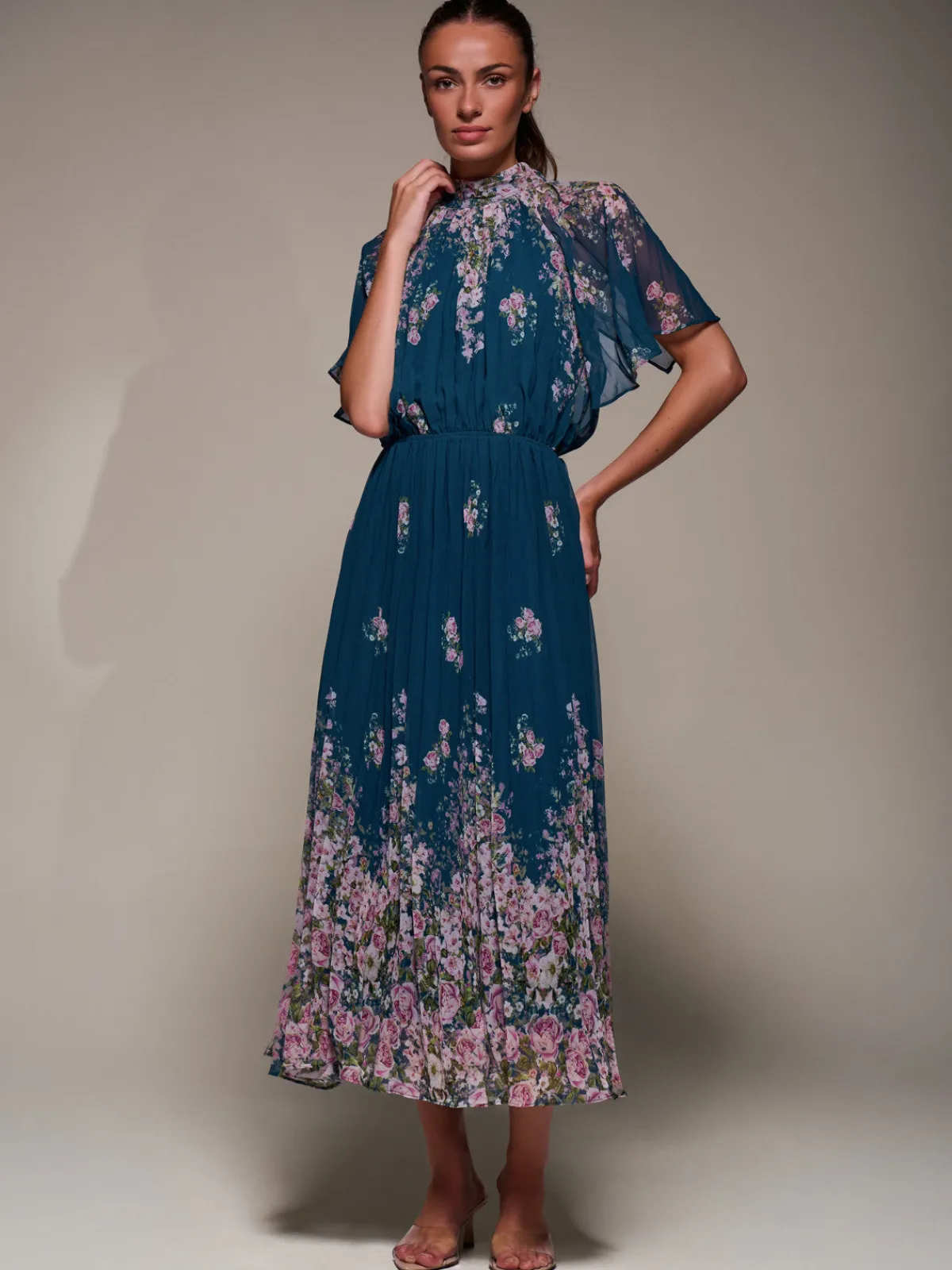 Jolie Moi Occasion Dresses|Floral Dresses-High Neck Short Sleeve Pleated Chiffon Dress, Teal Floral