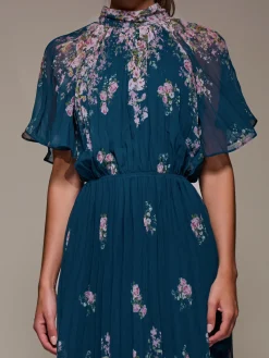 Jolie Moi Occasion Dresses|Floral Dresses-High Neck Short Sleeve Pleated Chiffon Dress, Teal Floral
