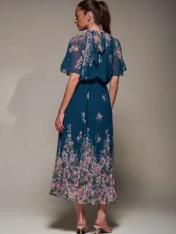 Jolie Moi Occasion Dresses|Floral Dresses-High Neck Short Sleeve Pleated Chiffon Dress, Teal Floral