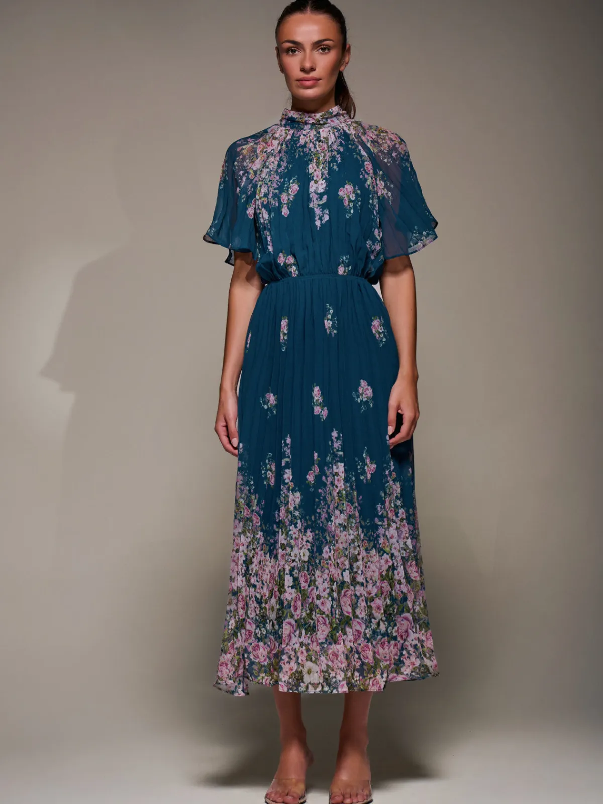 Jolie Moi Occasion Dresses|Floral Dresses-High Neck Short Sleeve Pleated Chiffon Dress, Teal Floral
