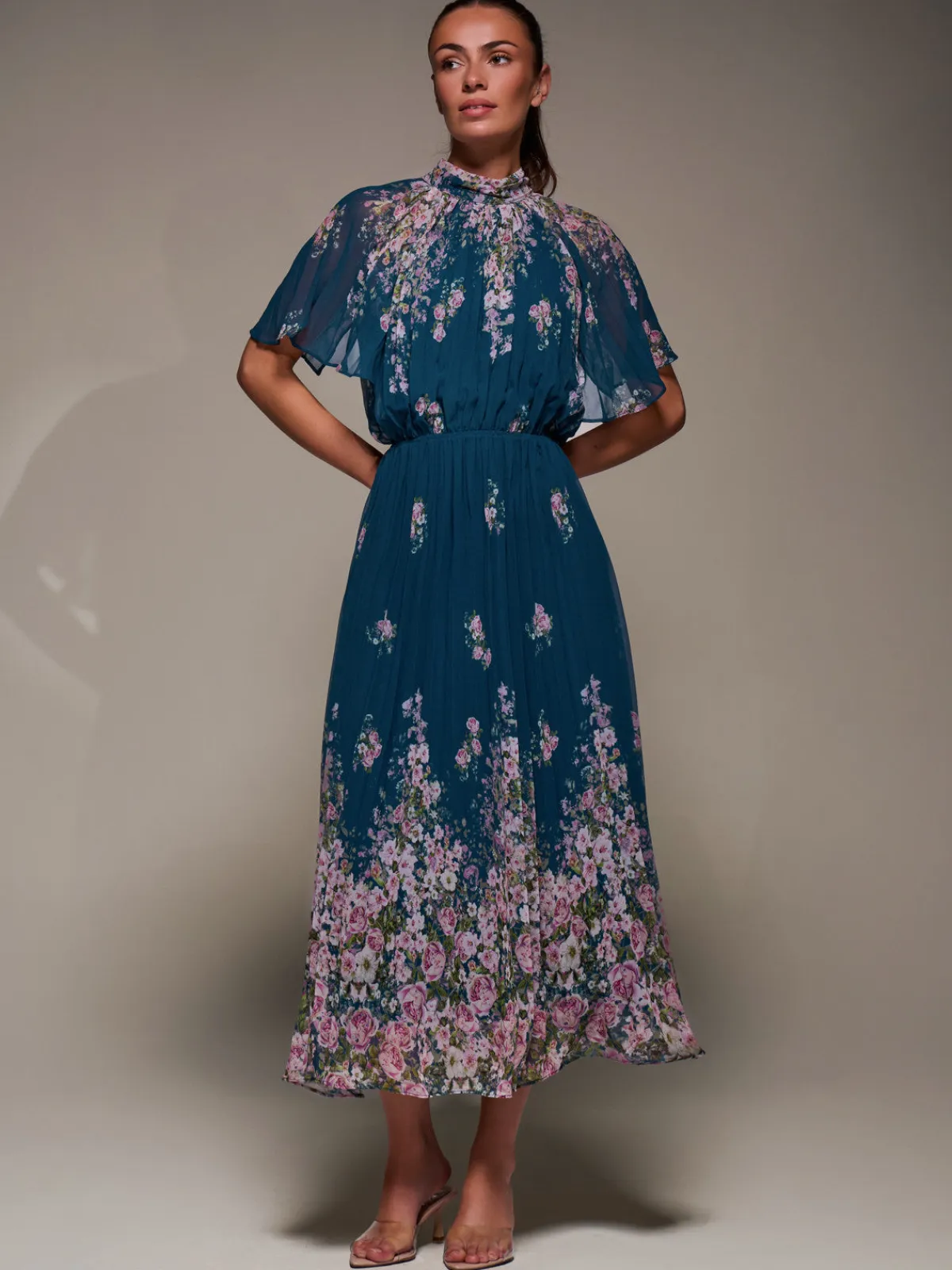 Jolie Moi Occasion Dresses|Floral Dresses-High Neck Short Sleeve Pleated Chiffon Dress, Teal Floral
