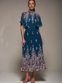 Jolie Moi Occasion Dresses|Floral Dresses-High Neck Short Sleeve Pleated Chiffon Dress, Teal Floral