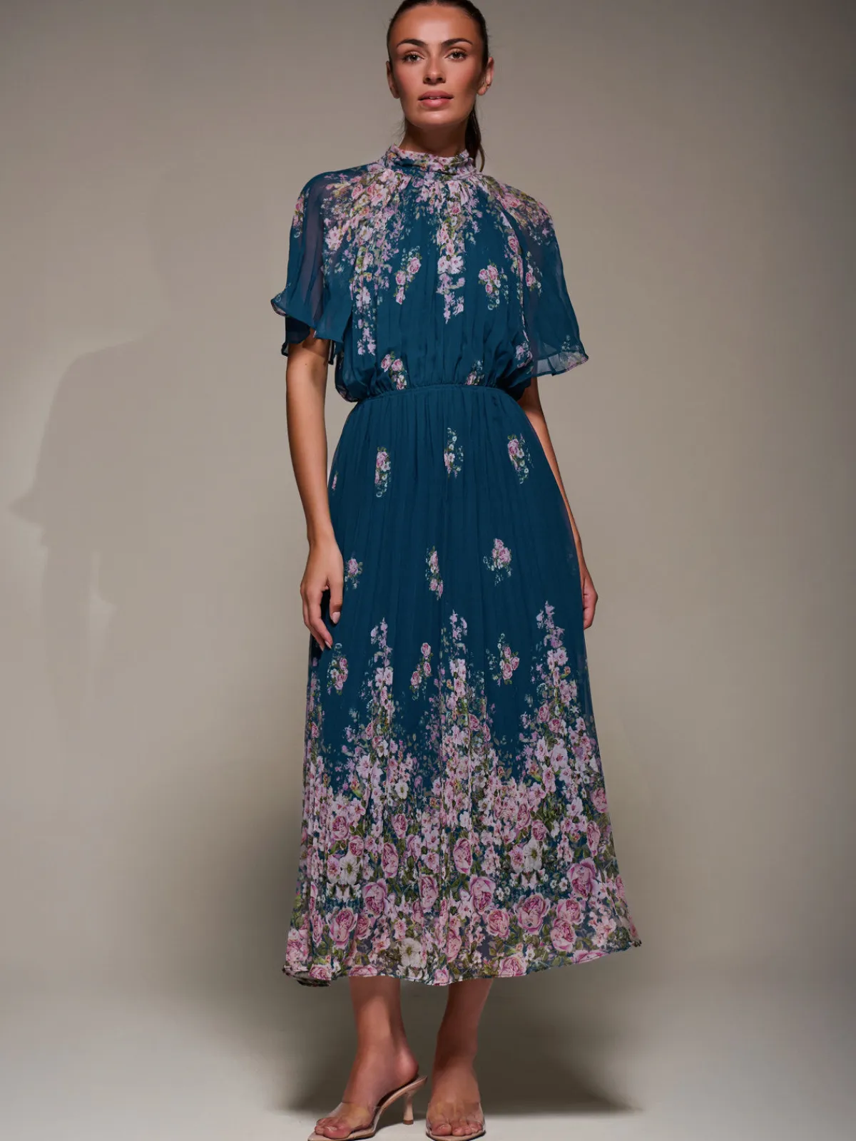 Jolie Moi Occasion Dresses|Floral Dresses-High Neck Short Sleeve Pleated Chiffon Dress, Teal Floral