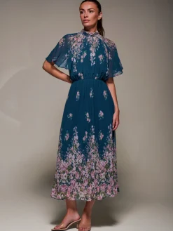 Jolie Moi Occasion Dresses|Floral Dresses-High Neck Short Sleeve Pleated Chiffon Dress, Teal Floral