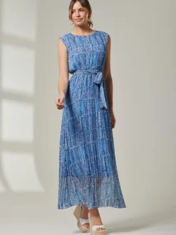 Jolie Moi Occasion Dresses|Sleeveless Dresses-Holly Pleated Chiffon Maxi Dress, Blue Abstract
