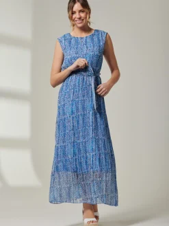 Jolie Moi Occasion Dresses|Sleeveless Dresses-Holly Pleated Chiffon Maxi Dress, Blue Abstract
