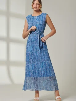 Jolie Moi Occasion Dresses|Sleeveless Dresses-Holly Pleated Chiffon Maxi Dress, Blue Abstract