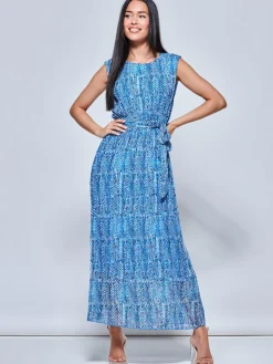 Jolie Moi Occasion Dresses|Sleeveless Dresses-Holly Pleated Chiffon Maxi Dress, Blue Abstract