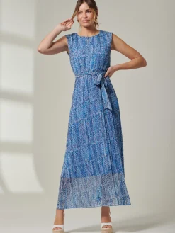 Jolie Moi Occasion Dresses|Sleeveless Dresses-Holly Pleated Chiffon Maxi Dress, Blue Abstract