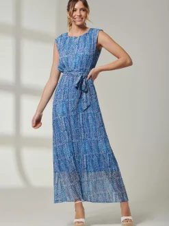 Jolie Moi Occasion Dresses|Sleeveless Dresses-Holly Pleated Chiffon Maxi Dress, Blue Abstract