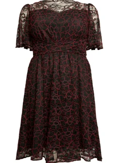 Jolie Moi Occasion Dresses|Signature Lace-J by Flare Sleeve Belted Lace Dress, Red Multi