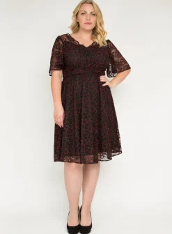 Jolie Moi Occasion Dresses|Signature Lace-J by Flare Sleeve Belted Lace Dress, Red Multi