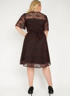 Jolie Moi Occasion Dresses|Signature Lace-J by Flare Sleeve Belted Lace Dress, Red Multi