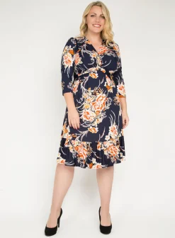 Jolie Moi Occasion Dresses|Floral Dresses-J by Print Flounce Hem Midi Dress, Orange Multi