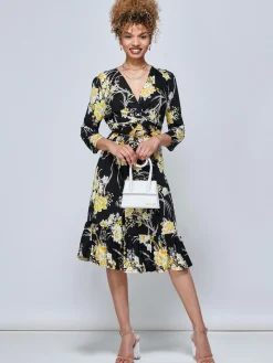 Jolie Moi Floral Dresses|Jersey Dresses-J by Print Flounce Hem Midi Dress, Yellow Floral