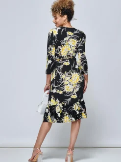 Jolie Moi Floral Dresses|Jersey Dresses-J by Print Flounce Hem Midi Dress, Yellow Floral