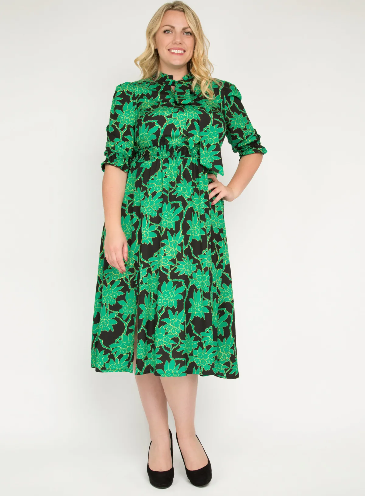 Jolie Moi Occasion Dresses|Office Wear-J by Tie Neck Woven Midi Dress, Green Multi
