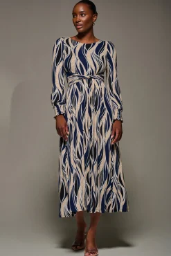 Jolie Moi Occasion Dresses|Long Sleeved Dresses-Jersey Belted Long Sleeve Maxi Dress, Navy Abstract