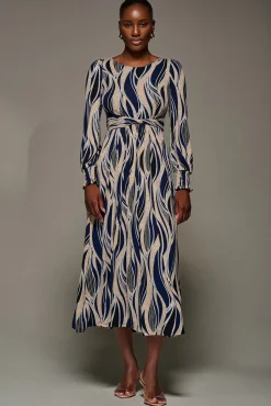Jolie Moi Occasion Dresses|Long Sleeved Dresses-Jersey Belted Long Sleeve Maxi Dress, Navy Abstract