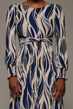 Jolie Moi Occasion Dresses|Long Sleeved Dresses-Jersey Belted Long Sleeve Maxi Dress, Navy Abstract