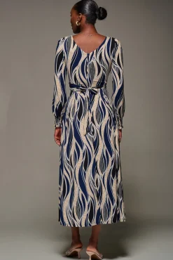 Jolie Moi Occasion Dresses|Long Sleeved Dresses-Jersey Belted Long Sleeve Maxi Dress, Navy Abstract