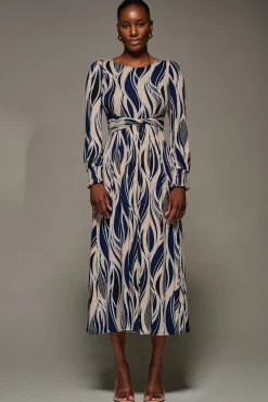 Jolie Moi Occasion Dresses|Long Sleeved Dresses-Jersey Belted Long Sleeve Maxi Dress, Navy Abstract