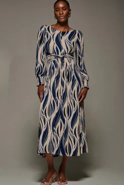 Jolie Moi Occasion Dresses|Long Sleeved Dresses-Jersey Belted Long Sleeve Maxi Dress, Navy Abstract