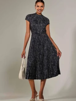 Jolie Moi Occasion Dresses|Weekend Casuals-Jersey Capped Sleeve Pleated Midi Dress, Black Polka